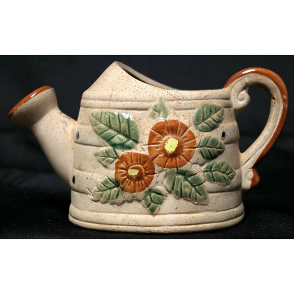 Pottery Watering Can Planter Small Beige Tan Clay Floral Green Glaze Accents - Picture 1 of 9